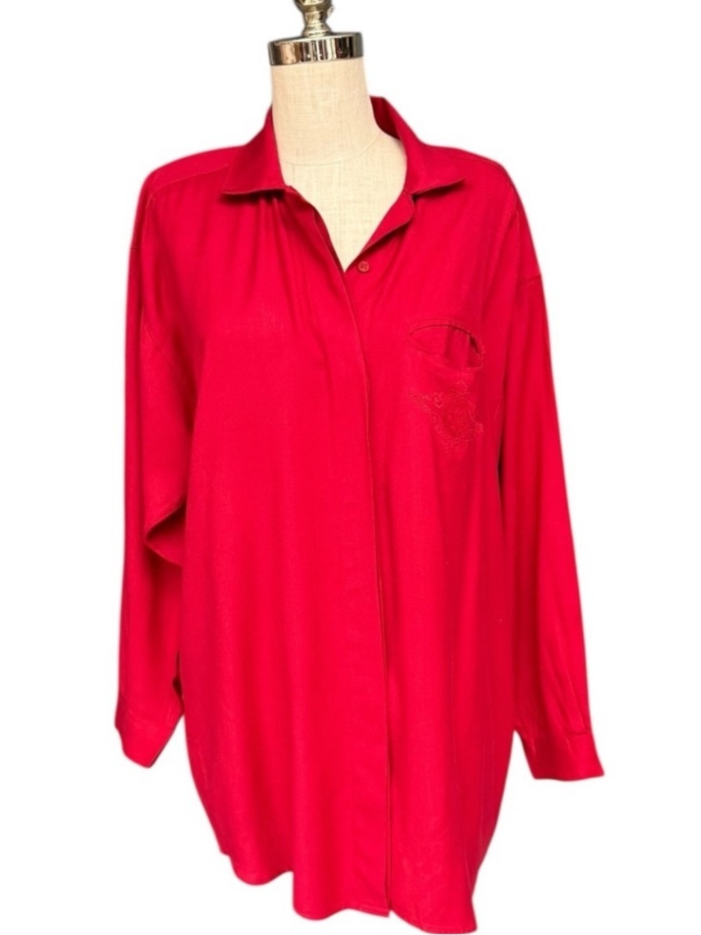 Vintage Mahudi International Red Rayon Pajama Top Lounge Shirt Size Large